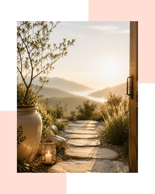 Sunlit garden pathway with lantern, potted plant, and peaceful nature view at sunrise.